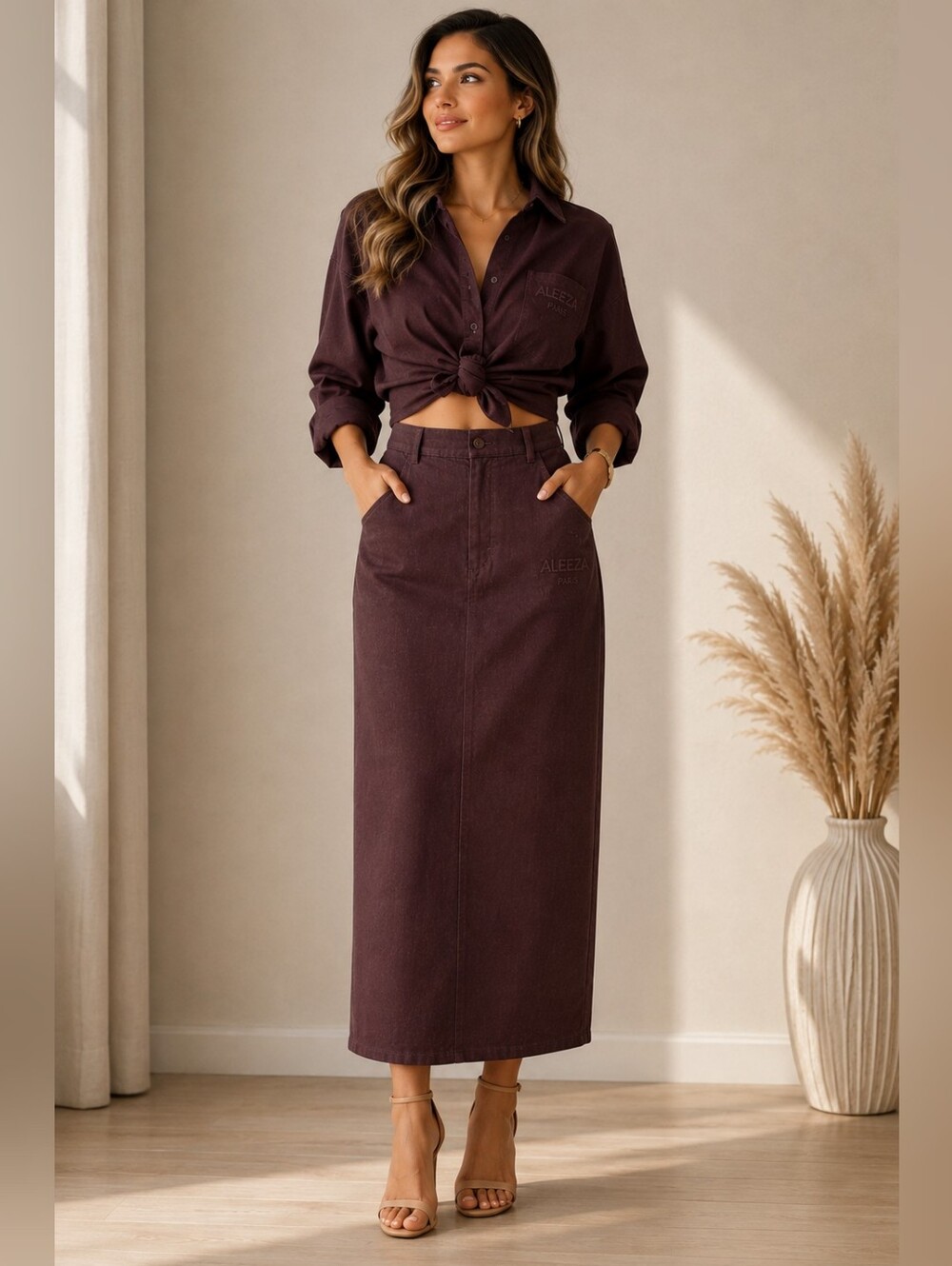 Sleek Plum Maxi Skirt — High-Waist Straight Silhouette SET .skirt XL / Shirt L.